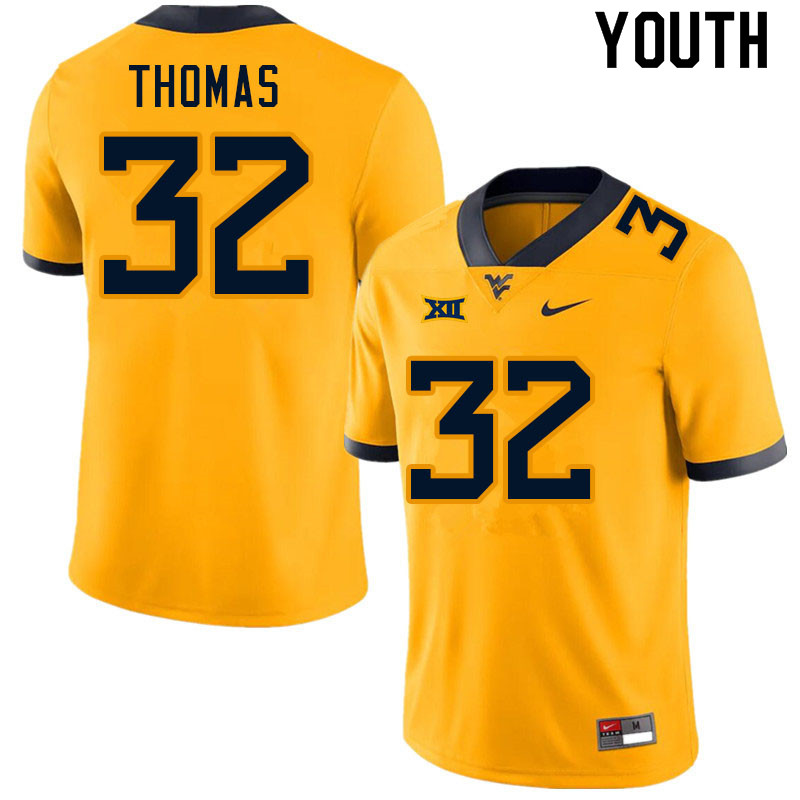 Youth #32 James Thomas West Virginia Mountaineers College Football Jerseys Sale-Gold - Click Image to Close